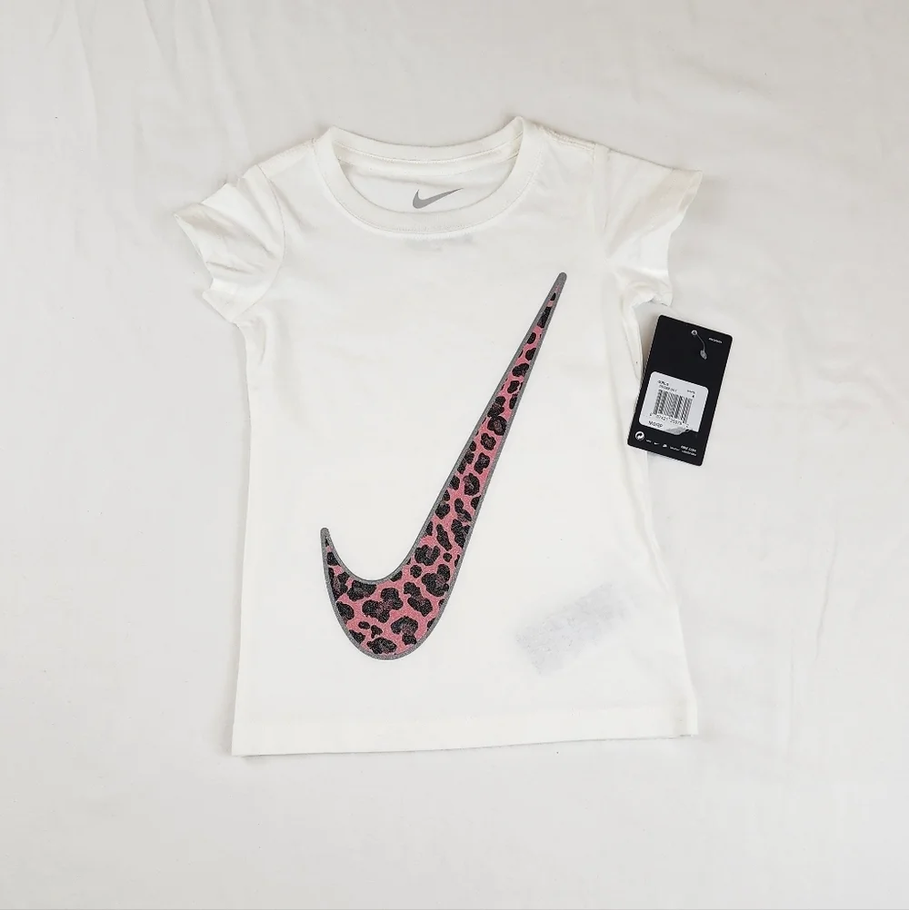 Nike White T-Shirt with Pink Leopard Swoosh